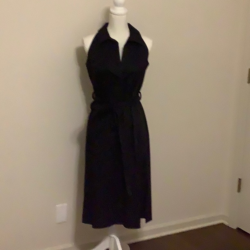 WHBM Black Sleeveless Tie-Waist Shirt Dress